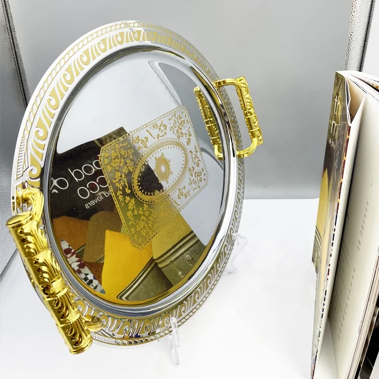 2024 Ramada Oval 3pcs Stainless Steel Metal Plateau Tray Set Tea Serving Arabic Middle East Mirror Gold Trays Set