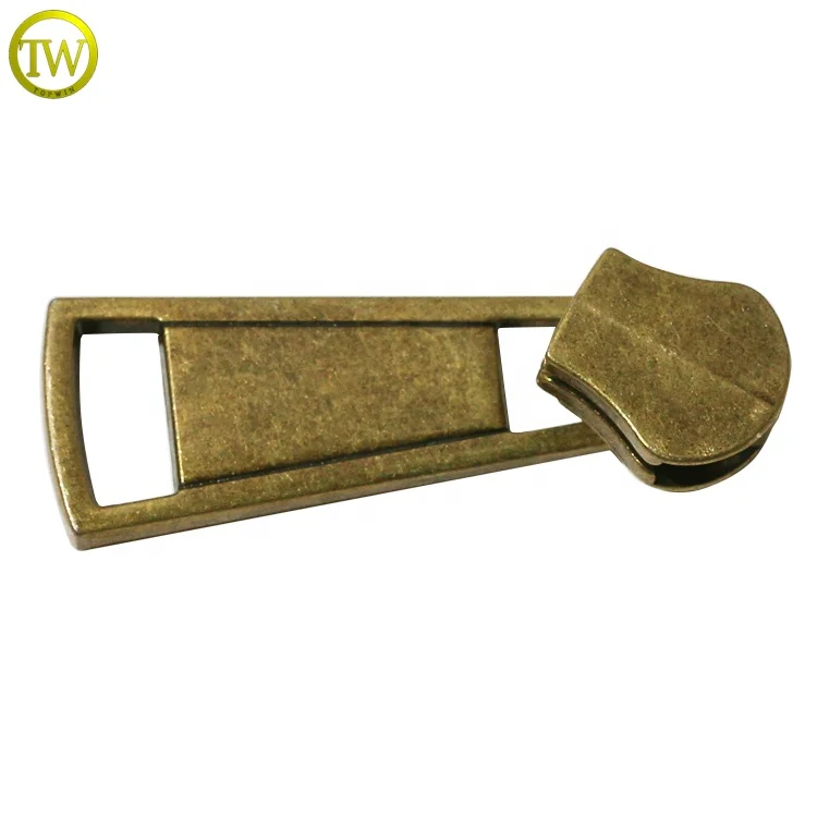 Custom made jacket zipper puller logo blanks antique brass clothing metal nylon head zipper slider tape for handbags