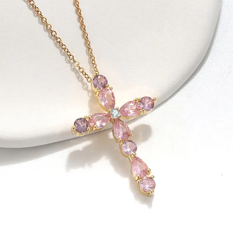 Hot Sale Colour Handmade Simple Dainty Cubic Zircon Cross Pendent Necklace for Jewelry Gift