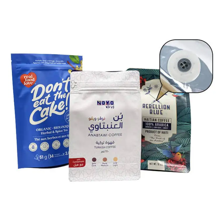 Biodegradable 250g 500g 1kg Flat Bottom Coffee Pouch Custom Empty Coffee Bags Custom Printed Coffee Beans Packaging Bags