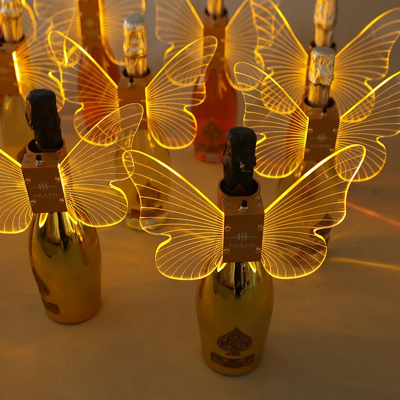 Flashing acrylic led butterfly angle wings champagne bottle topper collar display for liquor beverage vodka wine tequila whiskey