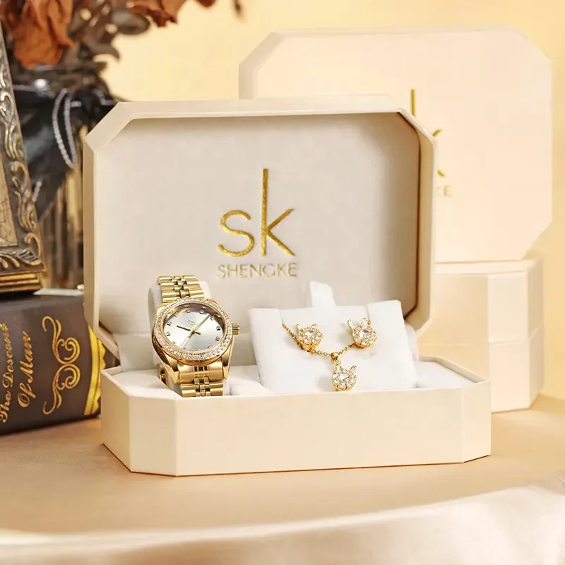 SHENGKE SK Luxury Jewelry Watches Set Bracelets & Bangles Watch Earring Necklace Jewelry Sets Box Dress Watches Sets 11K0156L