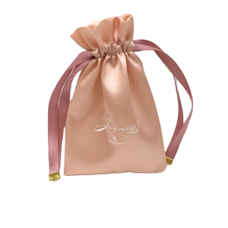 Custom Printed Logo Pink Gifts Satin Pouch Bag With String