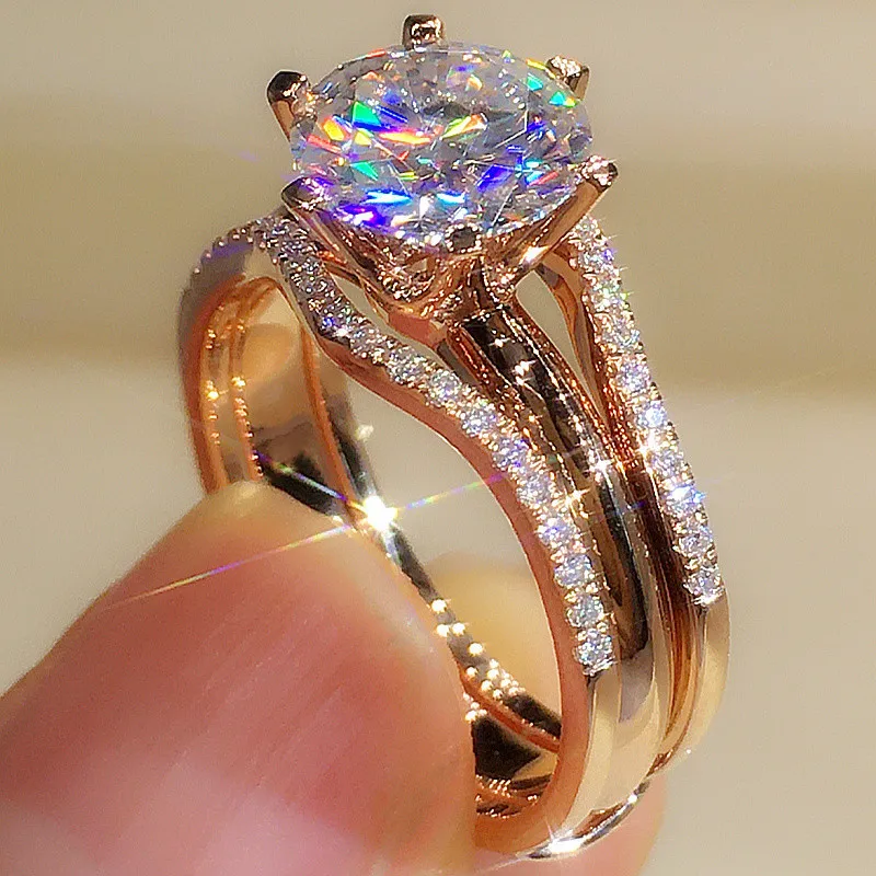 Fashion Ring Jewelry Women Big Round cut Diamond Cz Zirconia Engagement Ring Rose Gold Plated Wedding Rings