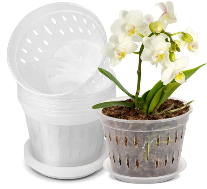 7 Inches Orchid Pots for Repotting, Clear Orchid Pot with Holes and Saucers, Breathable Slotted Orchid Planters
