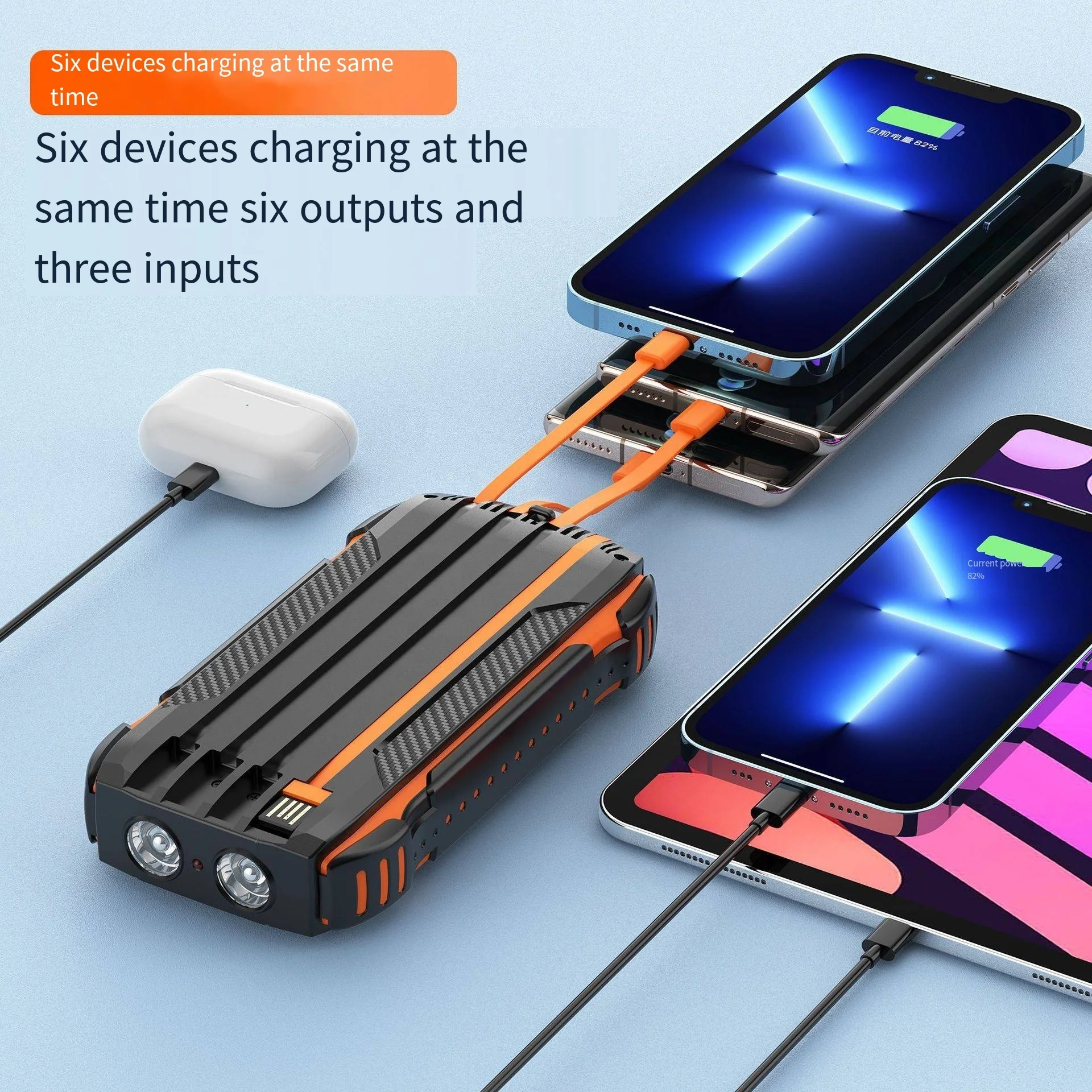 Portable charger Solar Power Bank Built Cables 20000mAh Solar Charger  External Charger Power bank With LED Light for smart phon