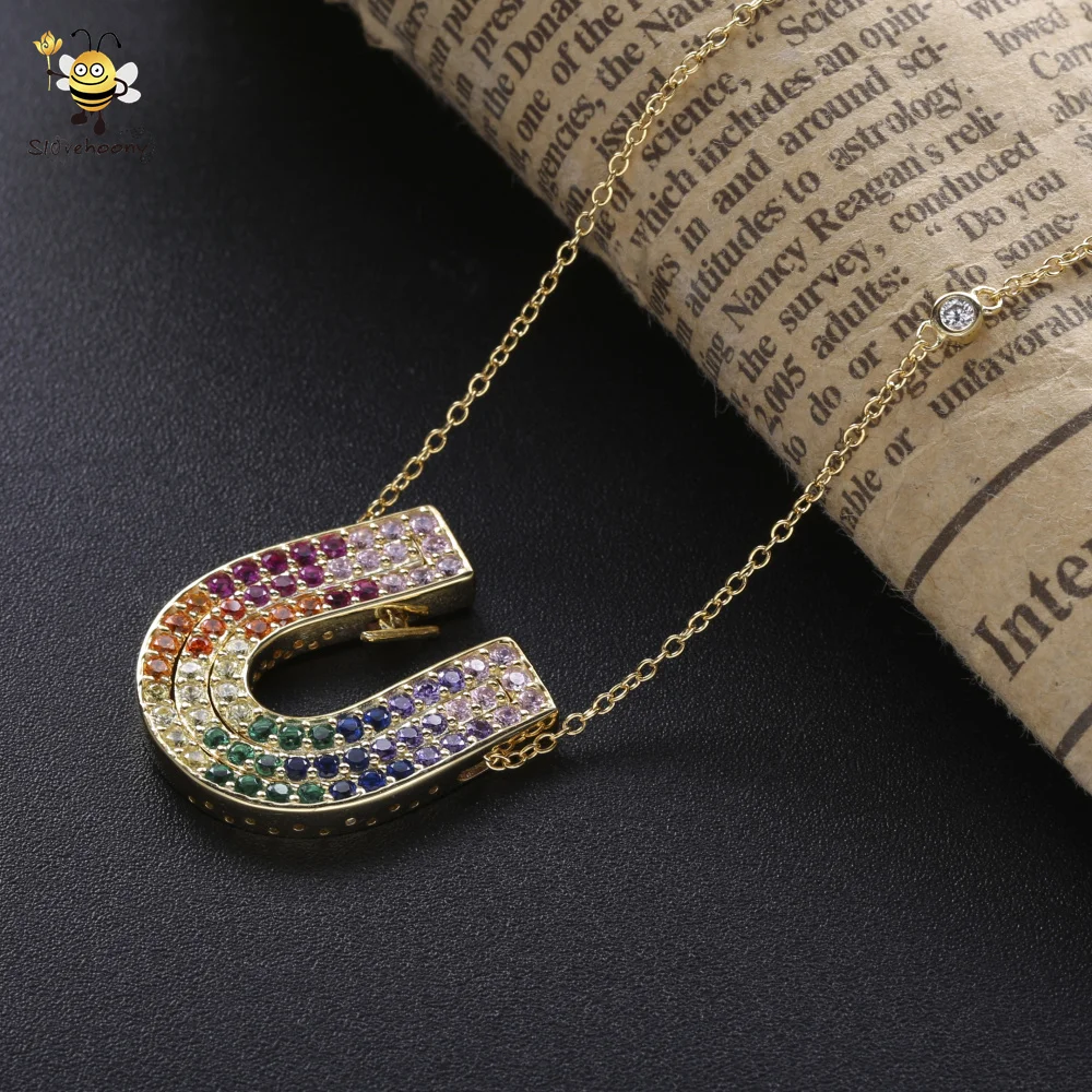 2020 Most Popular Fashion Sparkling Colorful Diamond AAA CZ Stone Horseshoes Pendant Necklace 925 Sterling Silver