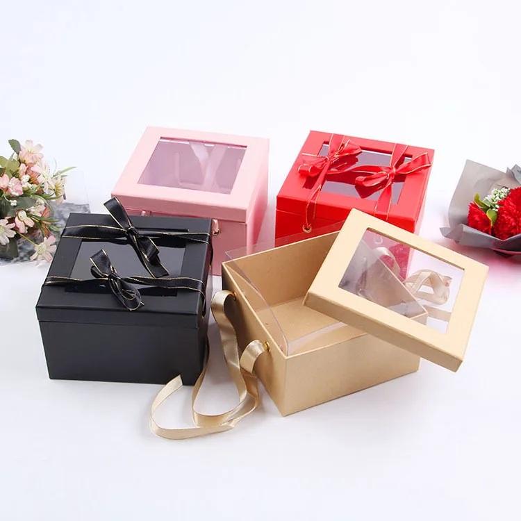 Unique designed square shaped cardboard box for packing flower with PVC window