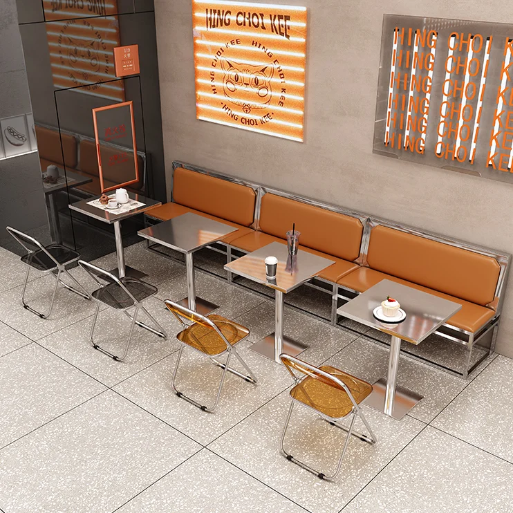 stainless steel chrome food court restaurant folding dining chair and PU leather booth sofa set for cafe bistro furniture