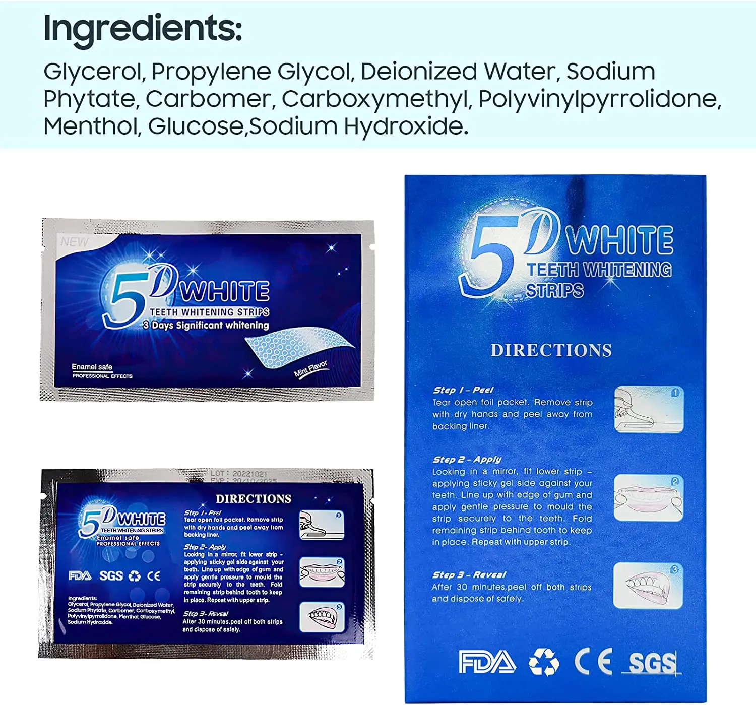 Custom Logo Professional Natural Organic Residue Free Tooth 5D Teeth Whitening Strips