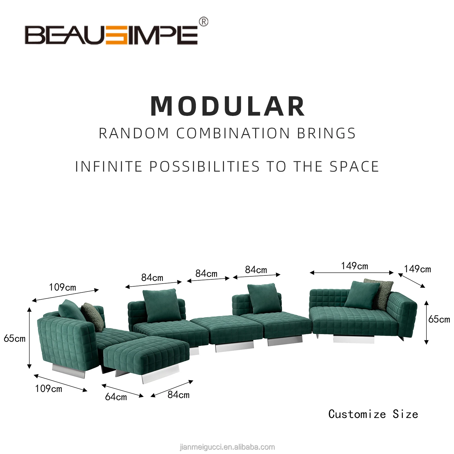 Twiggy sofa for modern minimalist style living room furniture modular design couch with nubuck leather glossy metal finish
