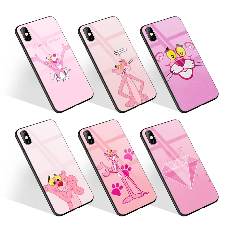 Cartoon Cute Pink Panther Mobile Coque for Girl Female;Glossy Glass Phone Case for iPhone X XR 11 12 Pro Max Plastic Casing