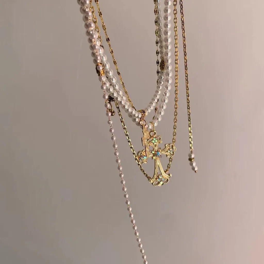 Mailard Style Pearl Beaded Multi Layered Clavicle Chains for Women Gold Cross Pendant Necklaces Jewelry