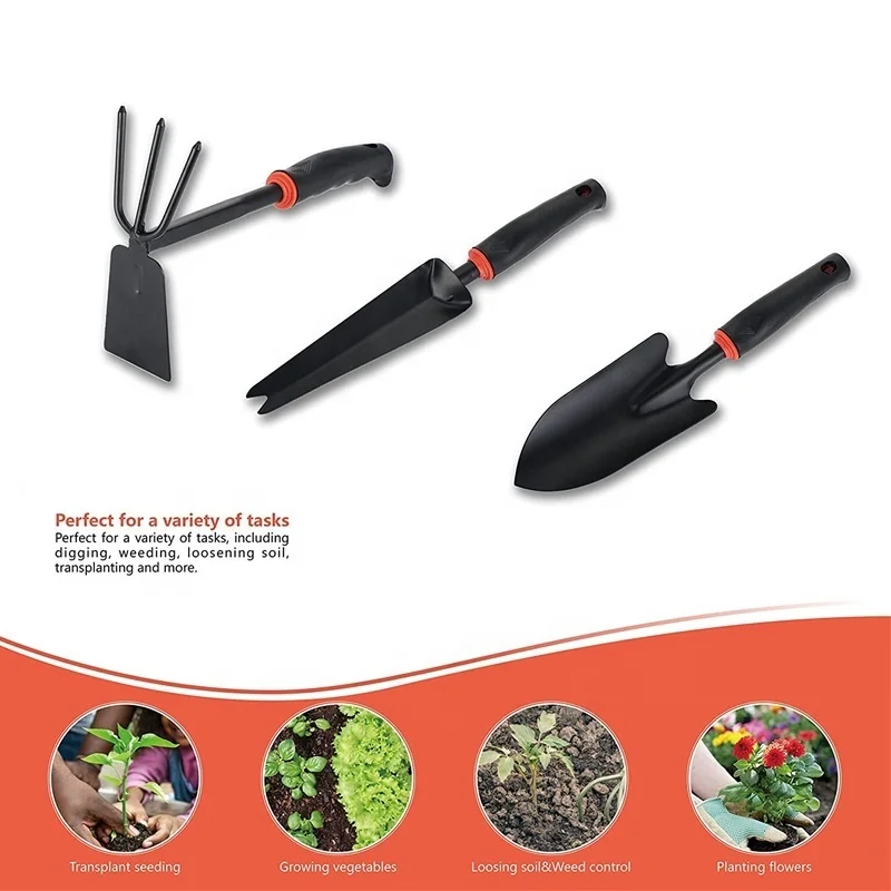 3 Piece Metal Heavy Duty Gardening Tool Set Including Hand Trowel Weeder and Hand Rake with Soft Rubberized Non-Slip Ergonomic