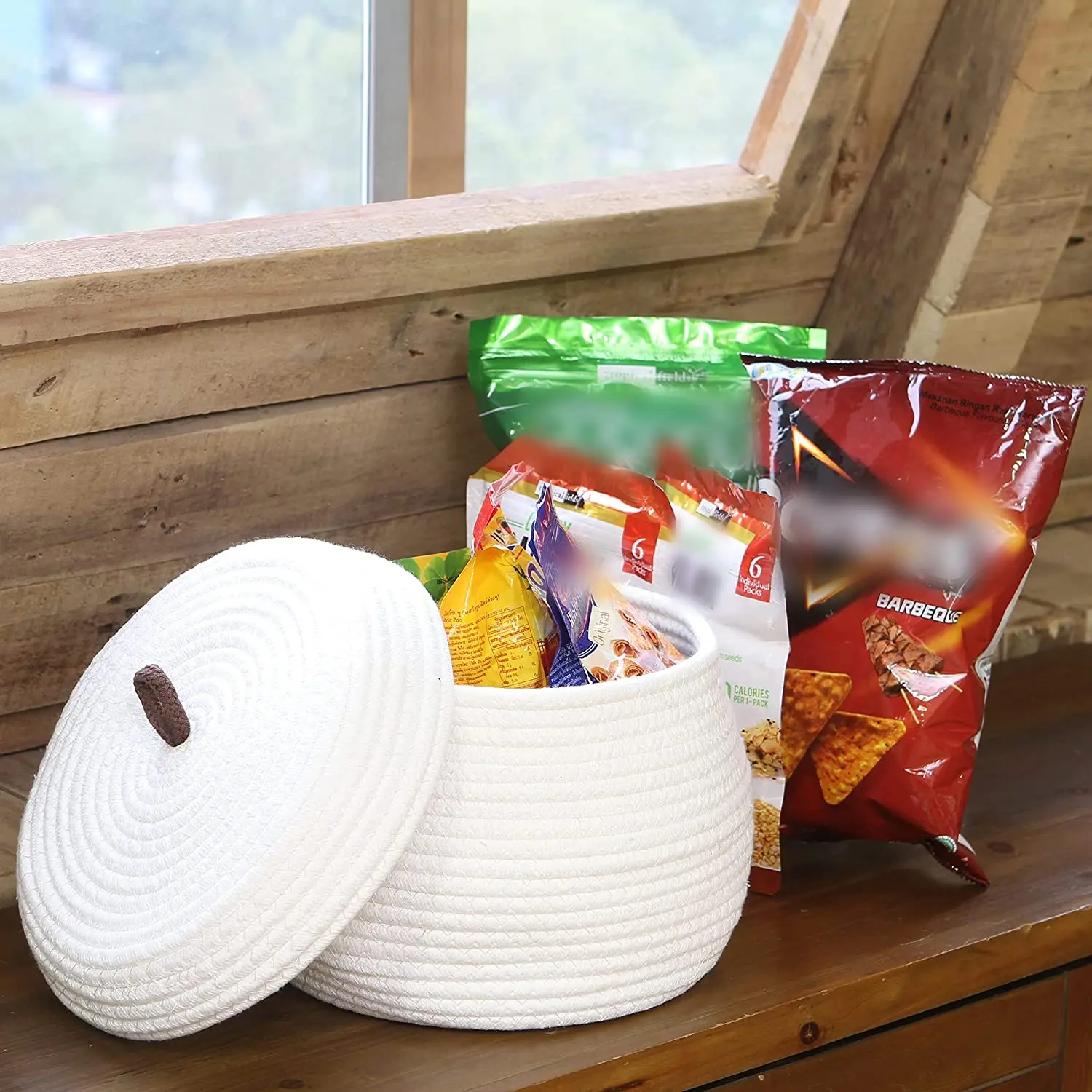 QJMAX Natural Home Decor Round Cotton Rope Storage Basket With Lid For Plants