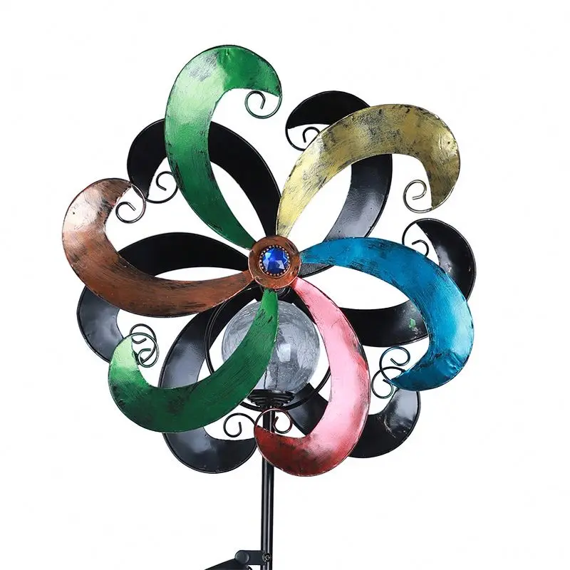 Led Garden Windmill Iron Metal Wind Spinners Floral Outdoor Flower Peacock Spinner Flamingo Welcome 3D Stake Ornament Colorful