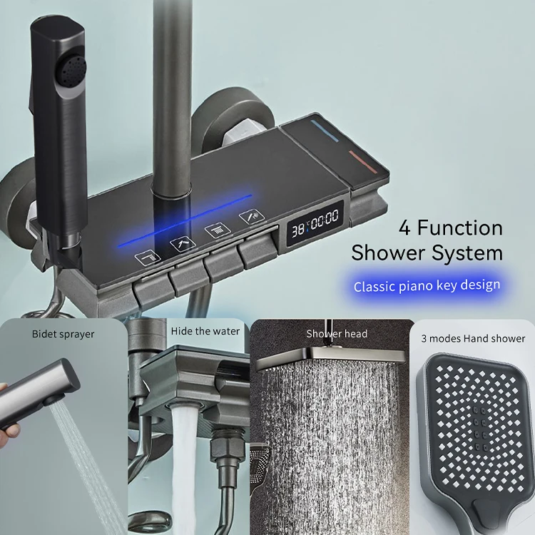 GAONUO Discount Ambient Light Piano Key Bath Shower Mixer Digital Display Brass Shower System Bathroom LED Shower Faucet Set