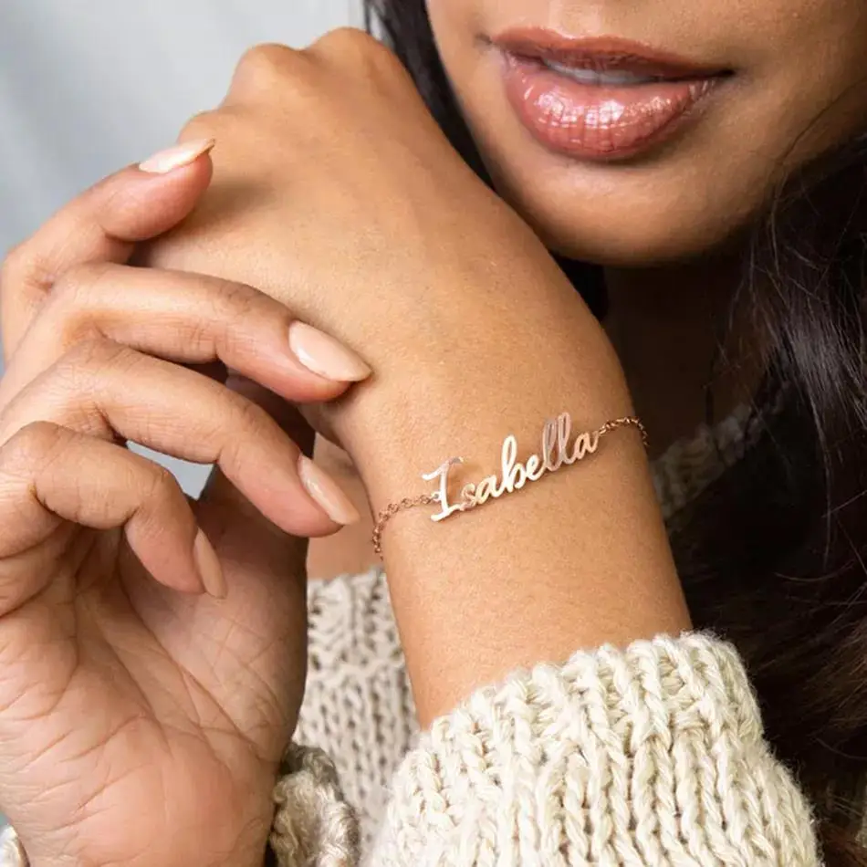 eManco Customized Name Bracelet Personalized Gold Charm Bracelet Stainless Steel Custom Name Brand Jewelry Couple Bracelet Gift