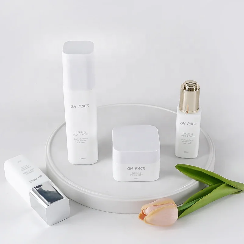 Good Selling Set 120ml 100ml 40ml 30ml 60g White Cubic Over-cap Glass Bottle Cream Jar for Skincare