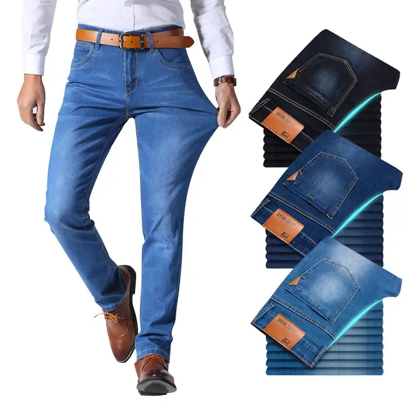 2021Classic Style Men Brand Jeans Business Casual Stretch Slim Denim Pants Light Blue Black Trousers Male