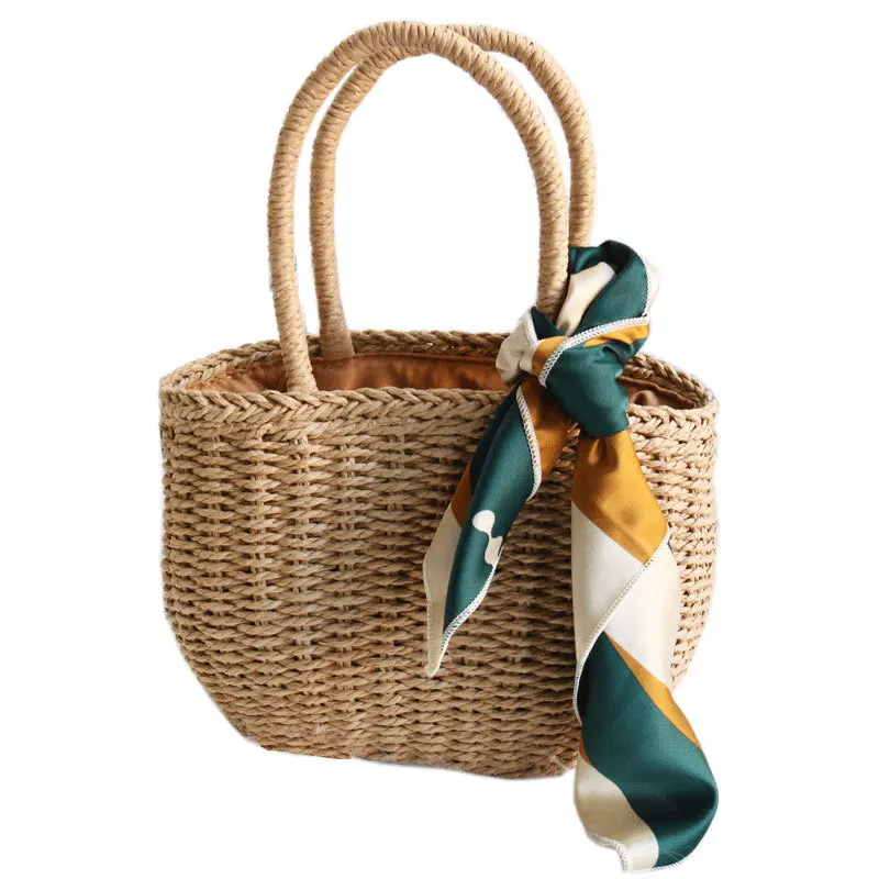 Rattan Wicker Straw Tote Bag Wicker Round Beach Bag Thailand Straw Bags with Drawstring