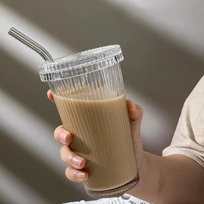 Ribbed Vertical Stripes 375ml  Glass Coffee Mug Drink Cup with Handle and lid For Coffee Ice Drinking Glasses