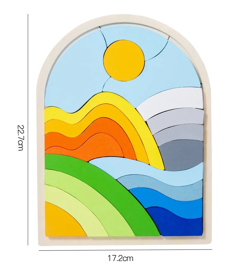 CPC Newest Wooden Flower Rainbow 3D Jigsaw Puzzle Block Baby Early Educational Cartoon Matching Hands-on Skill Wooden Puzzle Toy