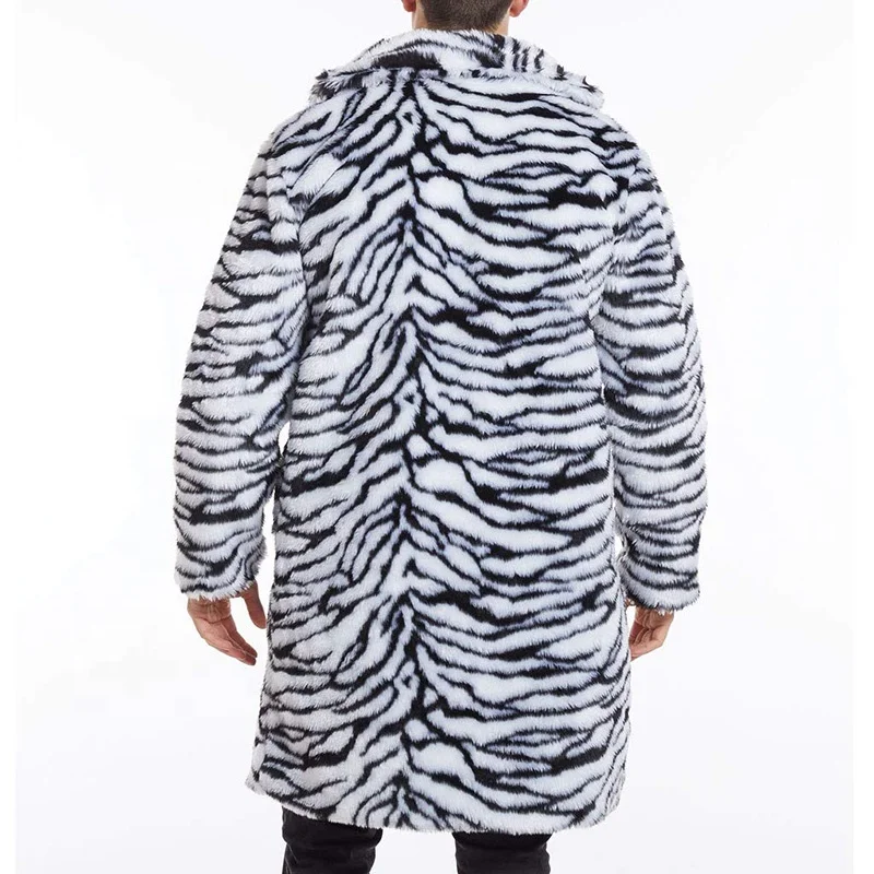 Mens Brown Faux Fur Coats Zebra Print Jacket Woolen Blazer Long Overcoat Tiger Print Tops Womens Cardigan Wool Coat