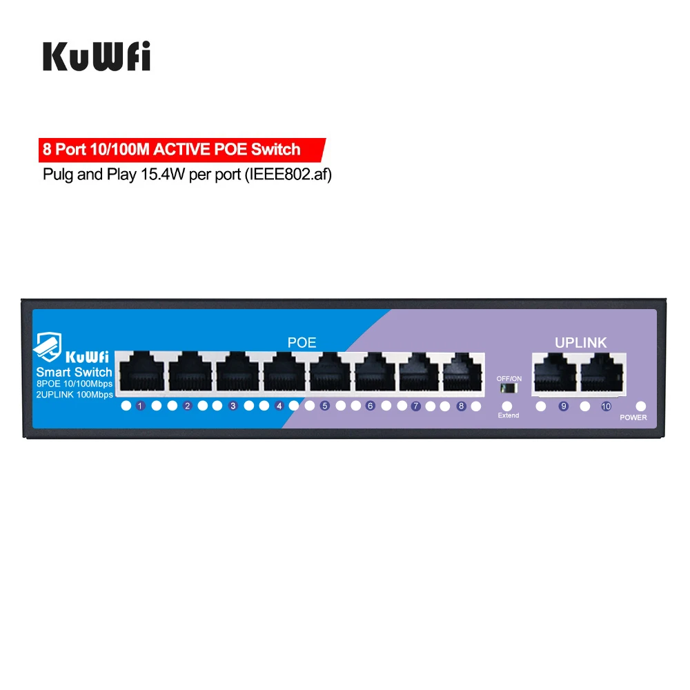 KuWFi 100 Мбит/с 8-портовый ethernet Железный корпус 6 кВ Lightning 250 м расстояние 24 В 48 8 + 2 порта сетевой коммутатор с портами восходящей линии связи