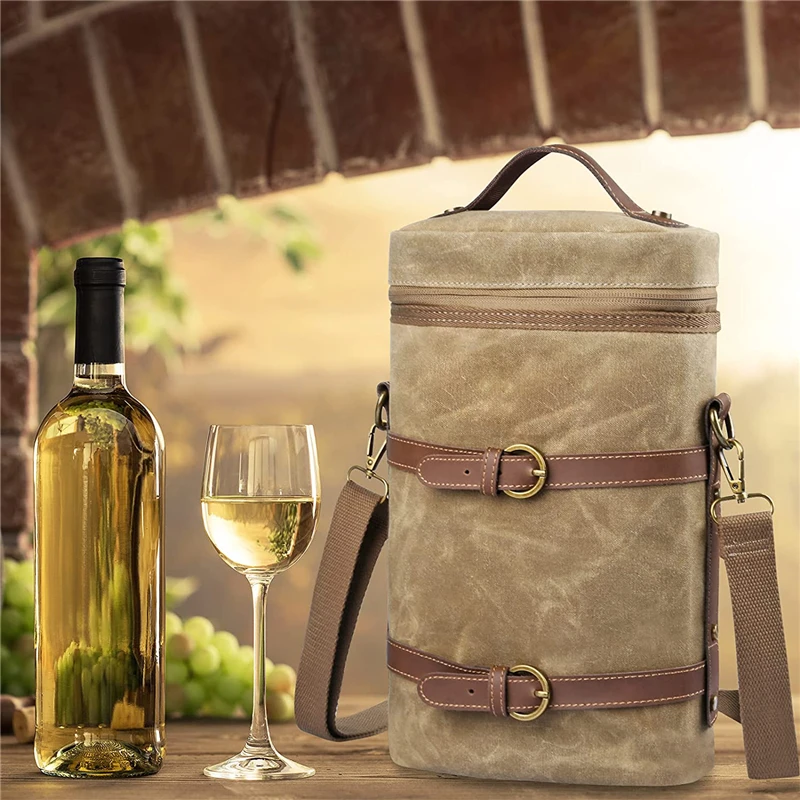 Custom Distressed Waxed Canvas Wine Tote Gift Bag Picnic 2 Bottle Insulated Wine Bag luxury wine bottle bag