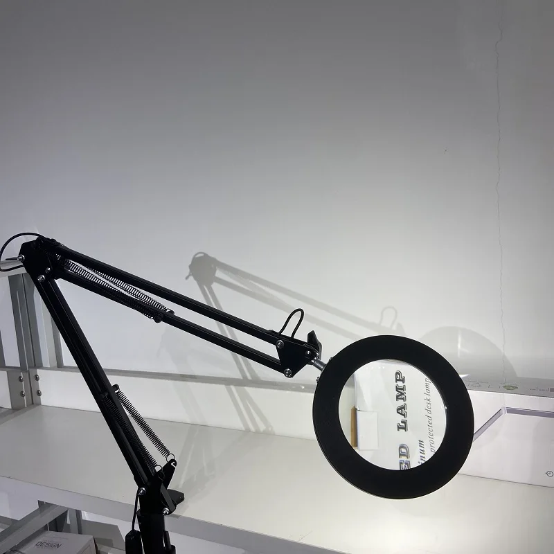 8X Magnifier Glass Clamp Table Lamp Folding Clip on  Desk LED Swing Arm Iron Reading Lamps 3Colors & 7 Brightness Dimmable