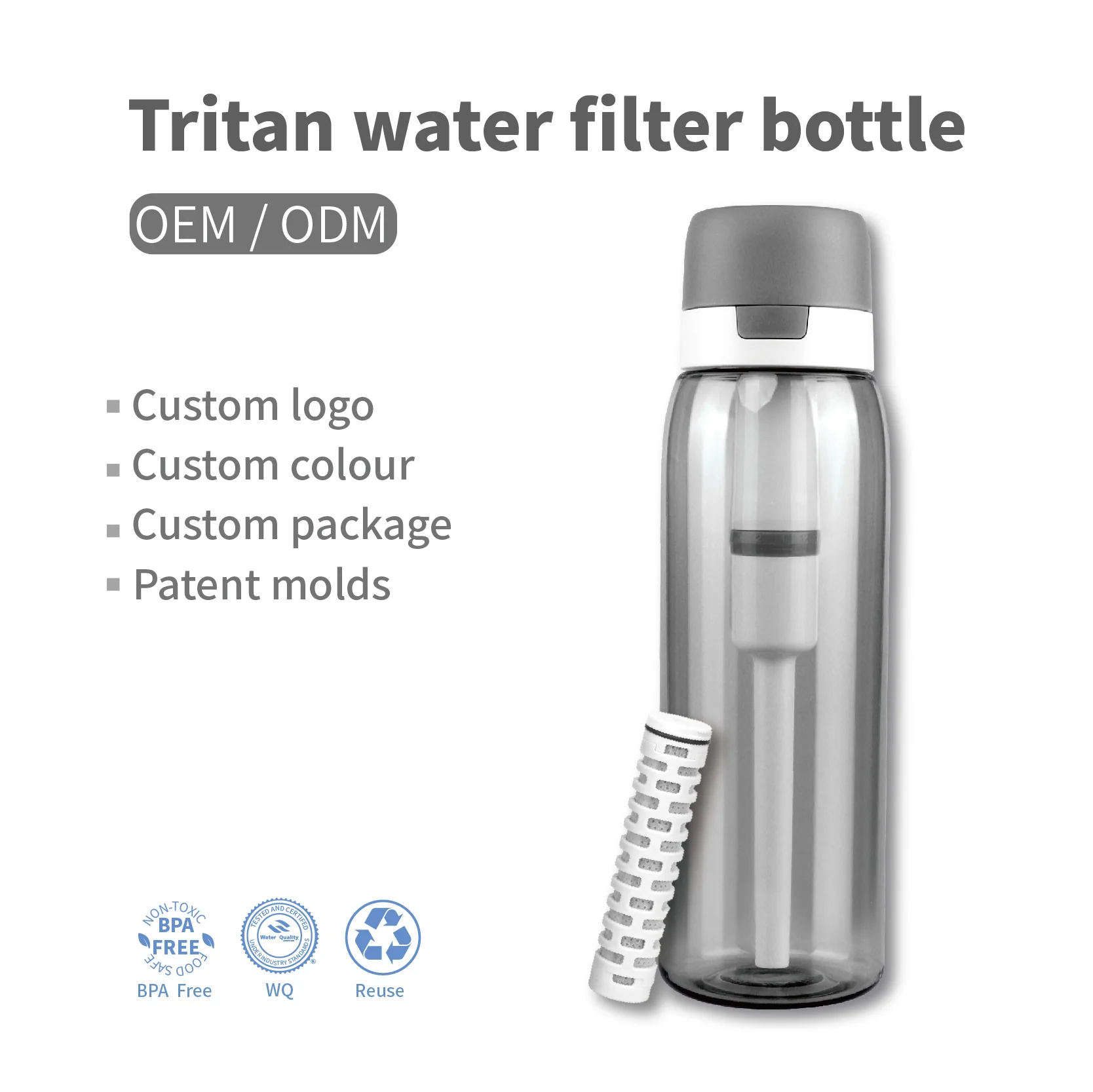 Clear tritan filter alkaline water bottle with straw blue pink grey hiking camping sports cycling water filter straw bottle