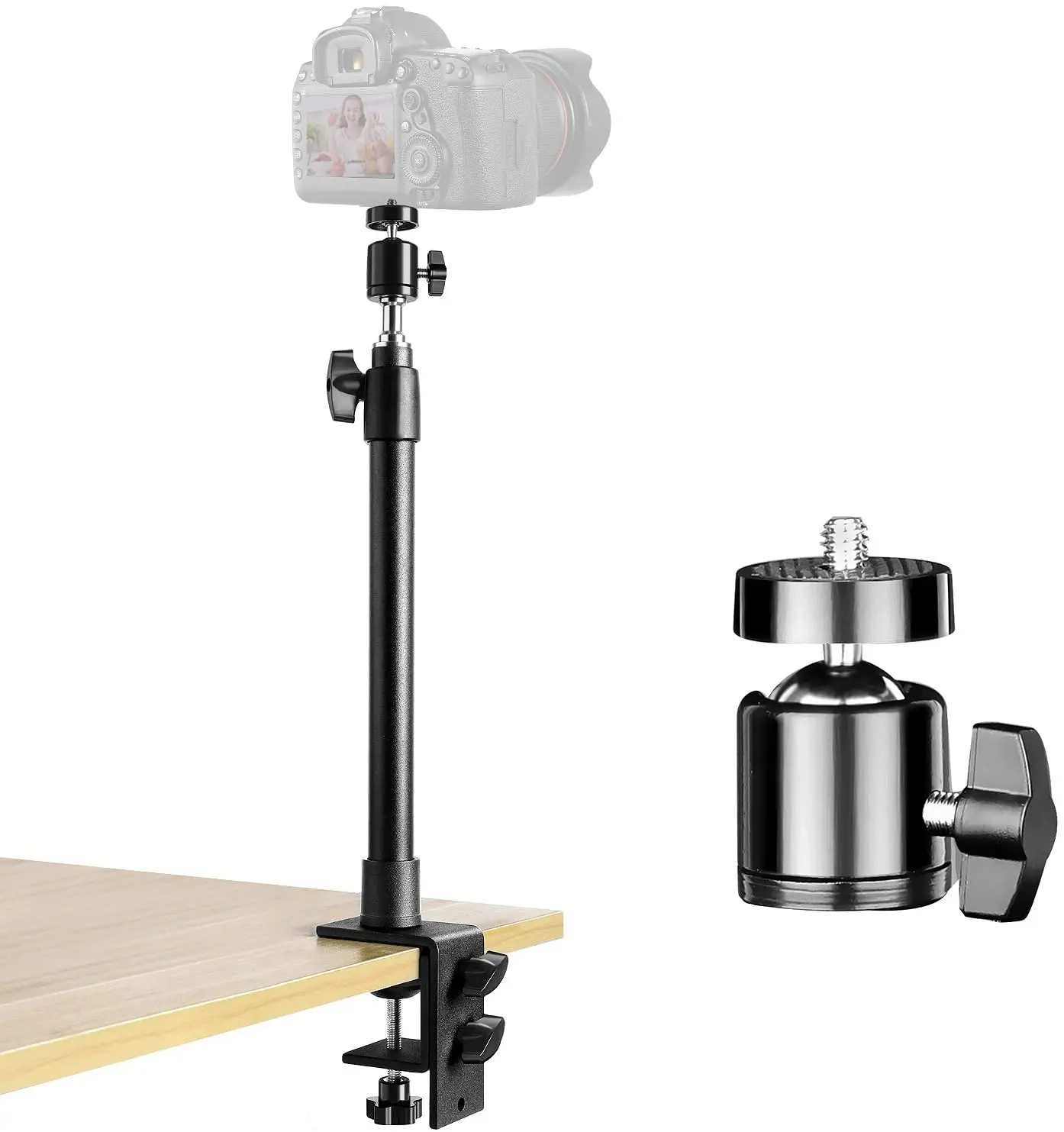 Camera Desk Mount Stand 36-60cm Tabletop C Clamp Mount Adjustable Aluminum Light Stand with 360 degree Ball Head and Phone Grip