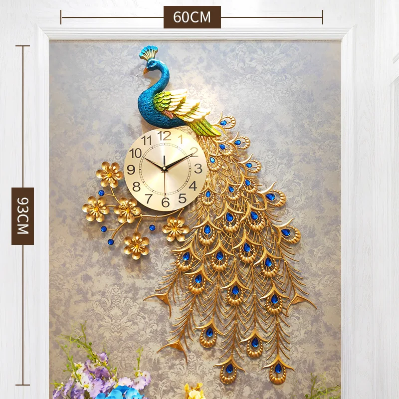 Fashion Gold Peacock Wall Art Clock For Living Room Decor luminous wall clock