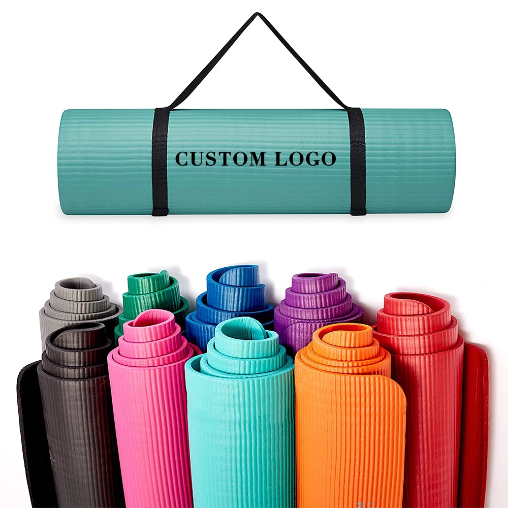 Premium Green Customised Logo Printed Sports Non Slip NBR Foam Yoga Mat With Strap 10 mm