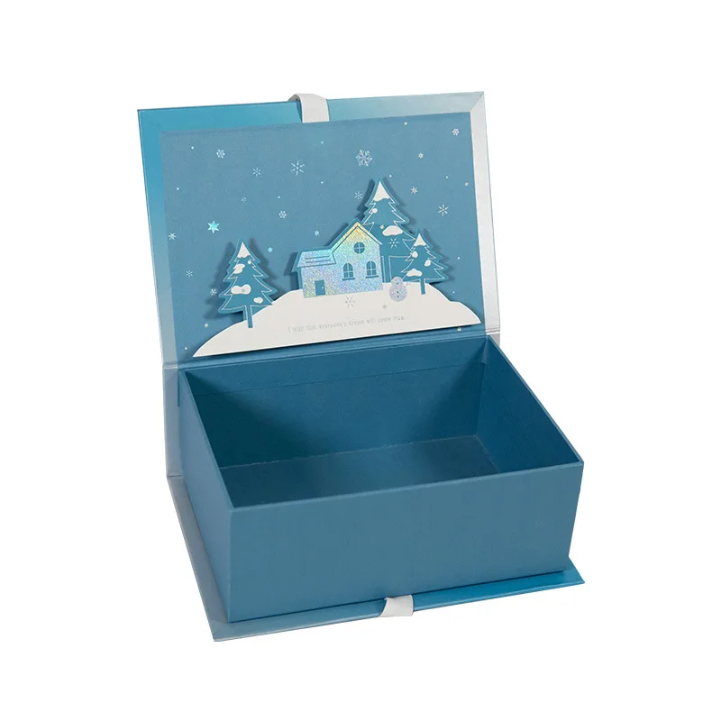 China manufacture transparent window lid shining blue card board clear storage packing box with ribbon for gift