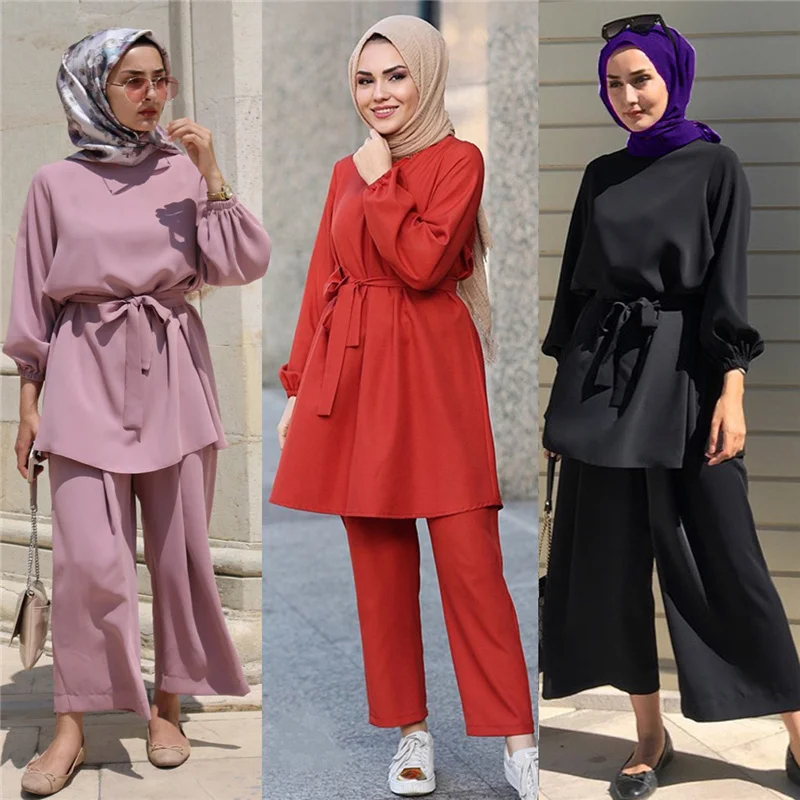 Islamic Clothing Indonesia Ethnic Style Loose Pleated Suit Arab Ladies Two-Piece Crinkle Relaxed Pant Suits For Muslims Women