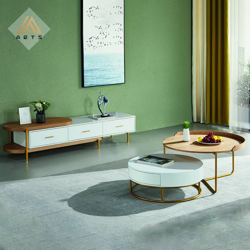 Factory wholesale modern living room furniture round sintered stone  golden stainless steel leg coffee table