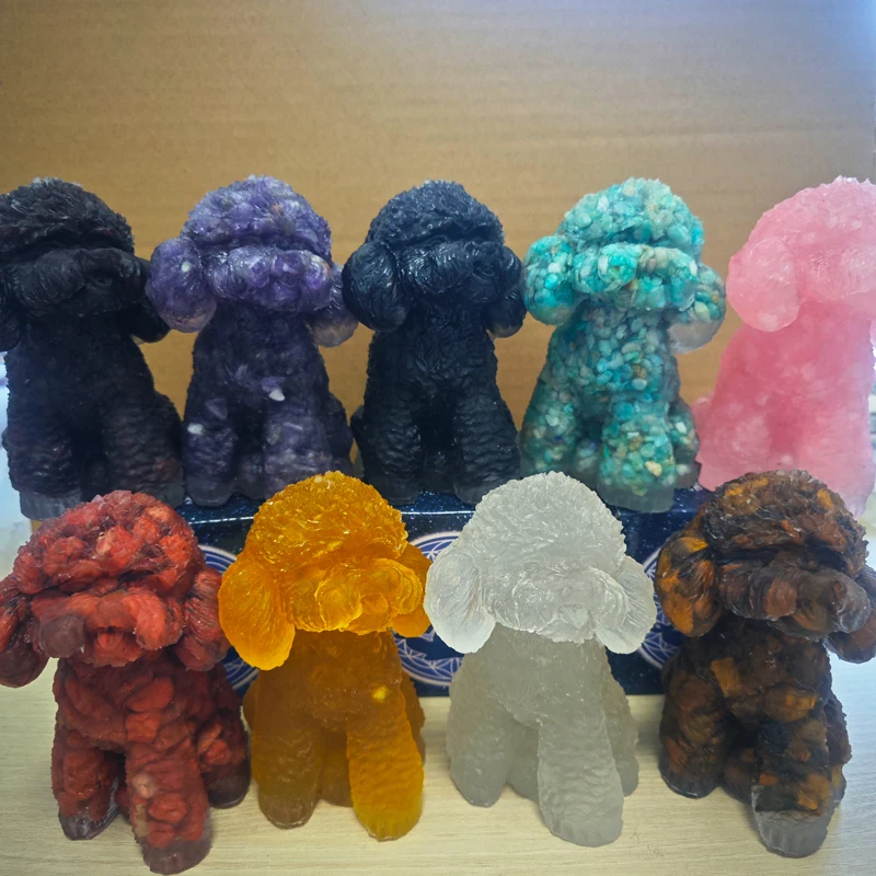 Wholesale healing crystal ornaments natural rose quartz crystal chips resin dog for decoration