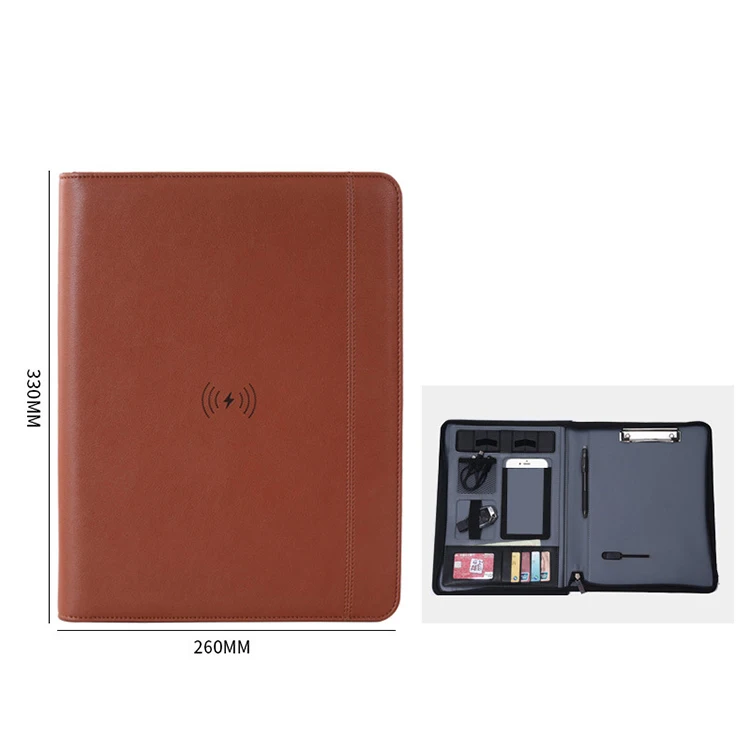 Factory custom Hardcover multi-functional  A4 wireless charge leather file folder portfolio