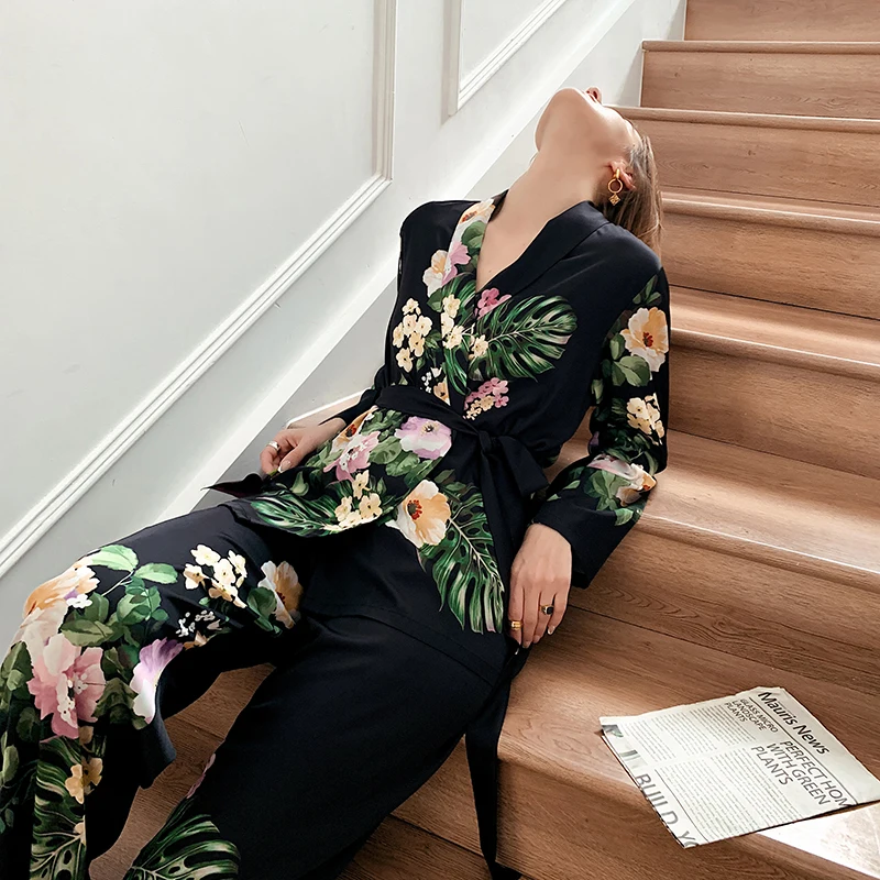 Модная женская шелковая пижама с цветочным принтом, Роскошная атласная пижама на заказ