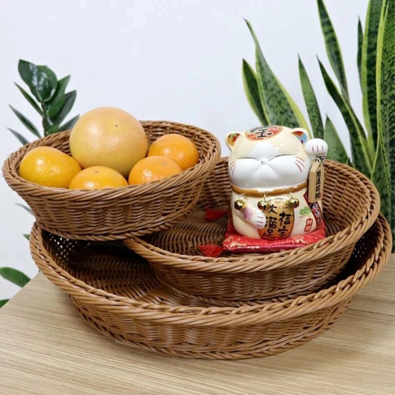 Round Wicker Woven Basket Bread Tray for Food Fruit Cosmetic Storage Tabletop Bathroom Storage Box Home Kitchen Organize