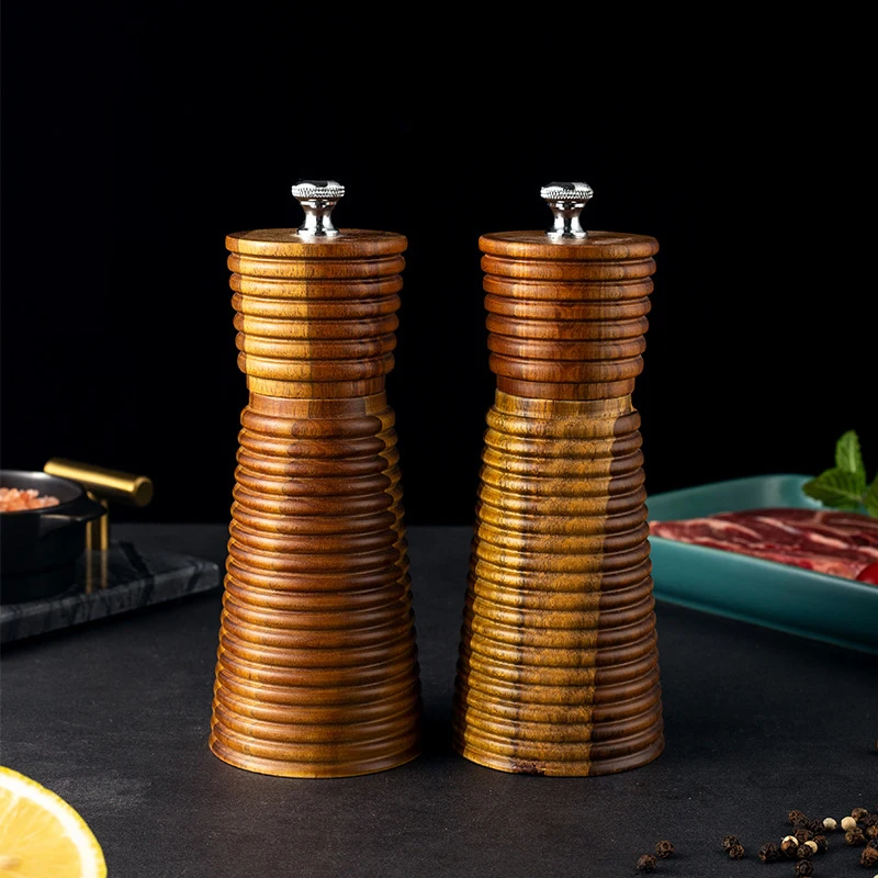 6 inch Wavy Acacia Wood Pepper Grinder Salt Manual Wooden Pepper Mill