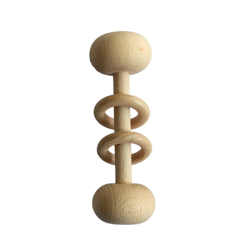 
INS Amazon Hot-selling Organic Baby RattleTeether Baby Wooden Toy Two Teeth Ring Baby Wooden Teether Sensory Toy Rattle 