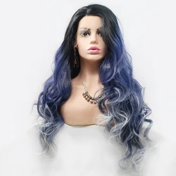 Factory Dropshipping Perruque Synthetique Dark Blue Mixed Color Body Wave Cosplay Wig With Lace Front
