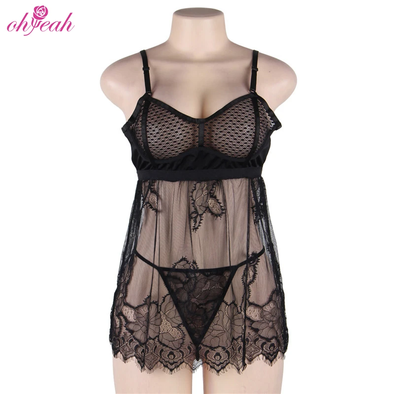 Высокое качество пикантные прозрачные babydoll платье комплекты одежды больших размеров для женщин Элегантный двойной цвет; Джемпер с треугольным воротом без рукавов девочек кружевное нижнее белье набор нижнего белья