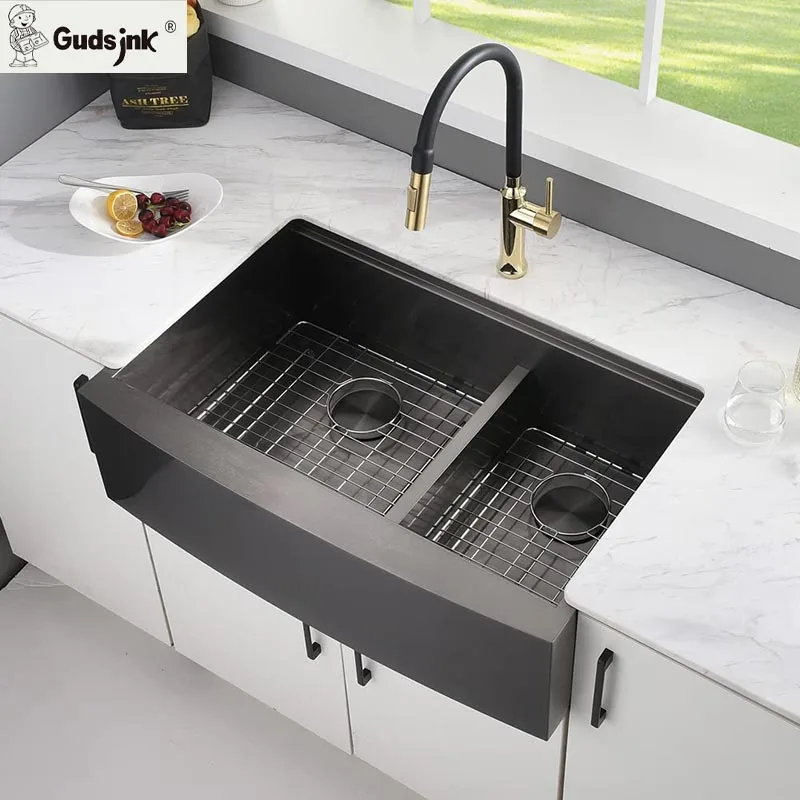 Gudsink Deep Wash Basin Water Sink Double Bowl 33' Home Farmhouse Stainless Steel Apron Undermount Kitchen Sinks