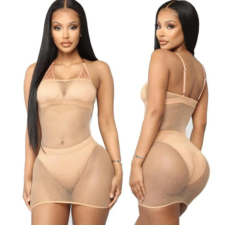 Europe and America Chest Wrap Bodystocking Products Large SizeVaqua Fishnet Rhinestone Fishnet Bodystocking Dress