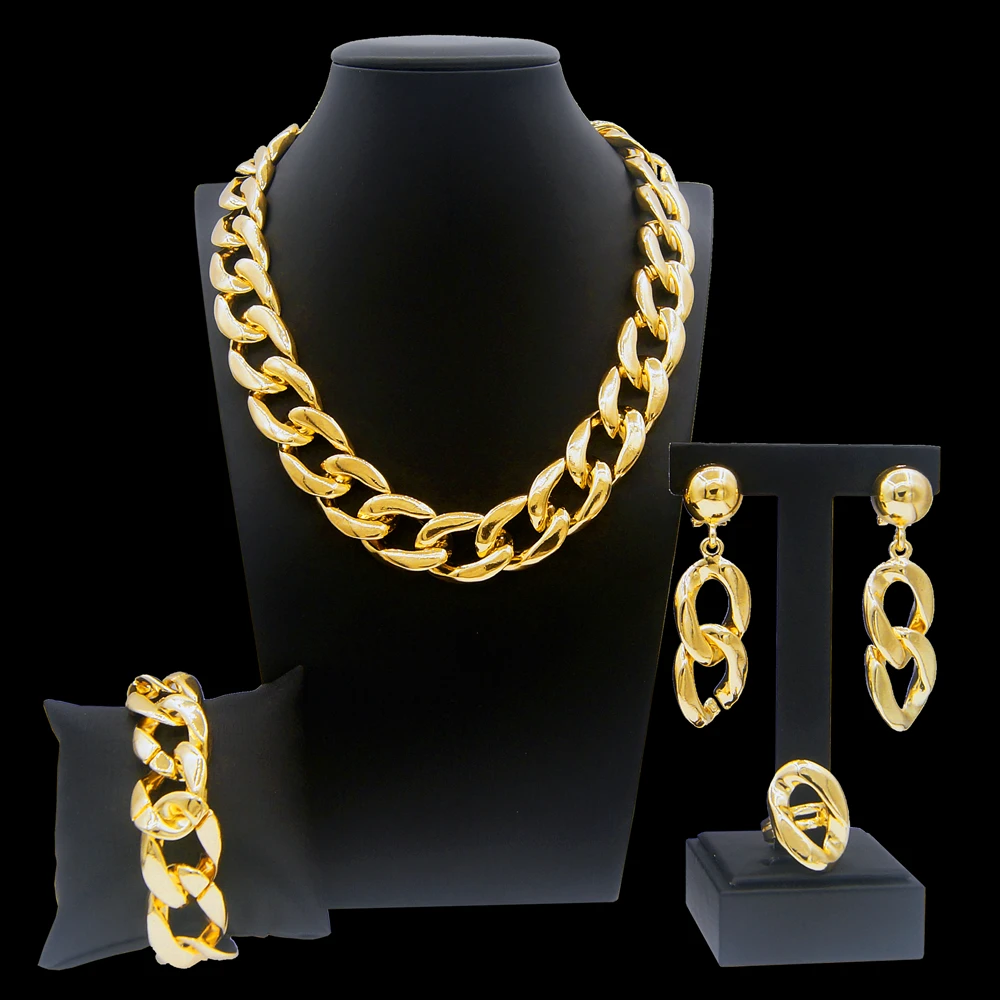 Yulaili 24K Gold Plated Jewelry Set 2024 Fashion Elegant Gold Cuban Chain 45cm Length Necklace Set Women Costume Accessories