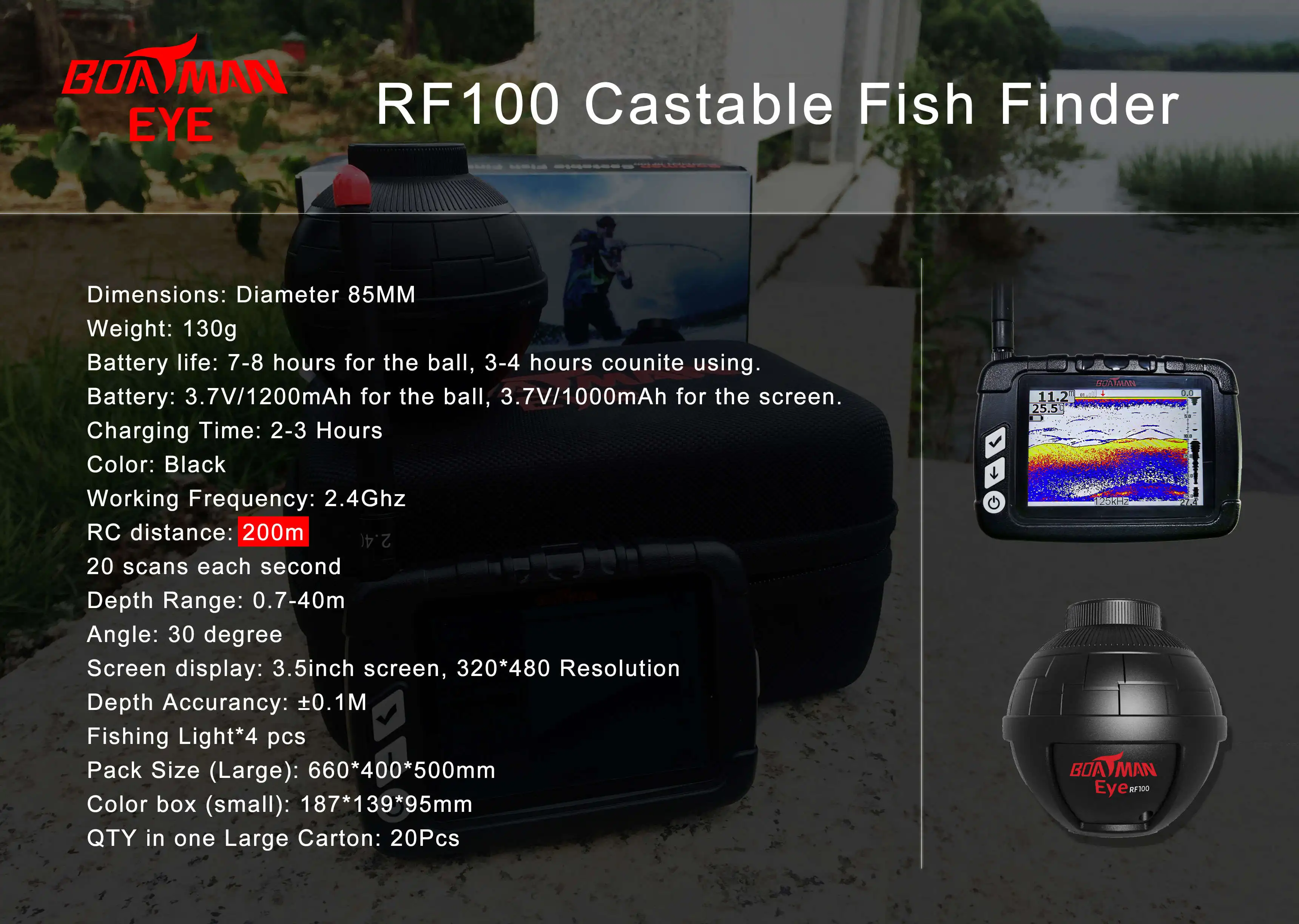 Boatman 200 meters working range echo sounding fish finder 3.5 inch color 2.4GHz sonar fishing tackle fish finder